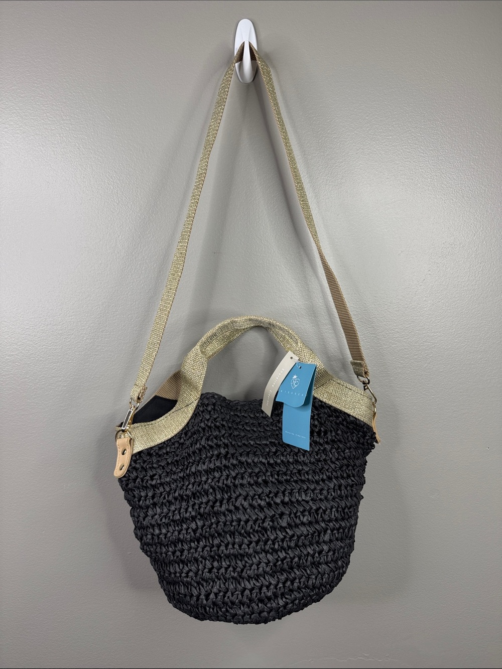 Kiss Sea Woven Straw Tote Shoulder Bag with Beige Trim and Removable Strap